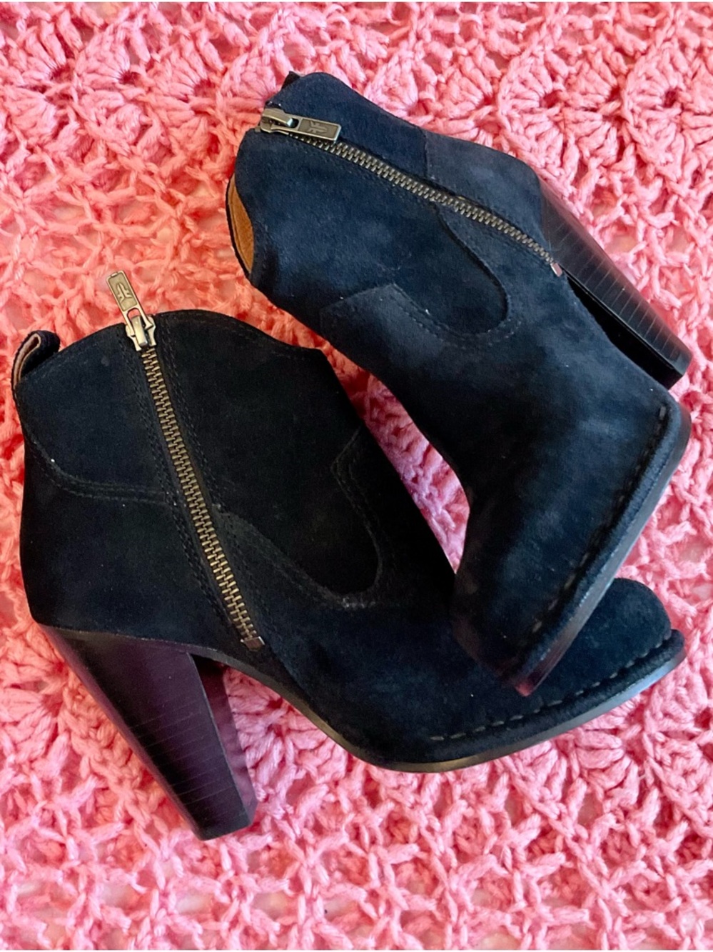 Frye Black Suede Peep-Toe Ankle Booties with Side Zipper